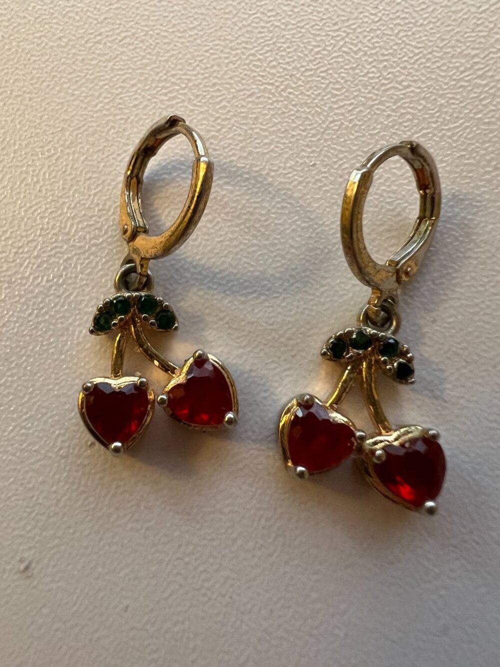 Gold‑Tone Cherry Dangle Earrings – Red & Green Stones